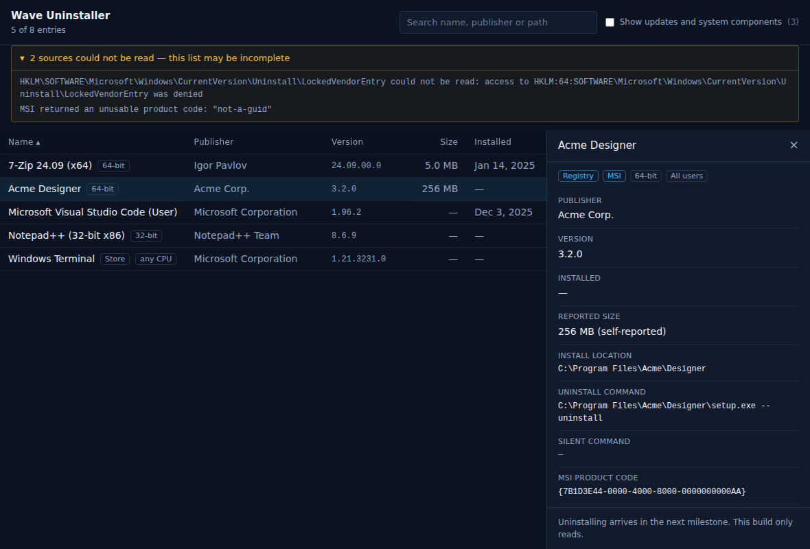 Wave Uninstaller's program list: a table of name, publisher, version, size and install date, with a detail panel for the selected program alongside it.